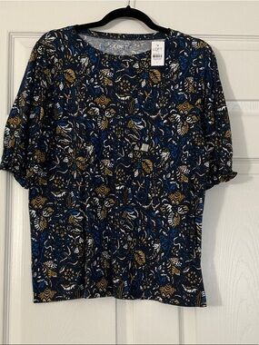 LOFT Navy Floral-Print Short Sleeve Tee with Gold & Blue Accents